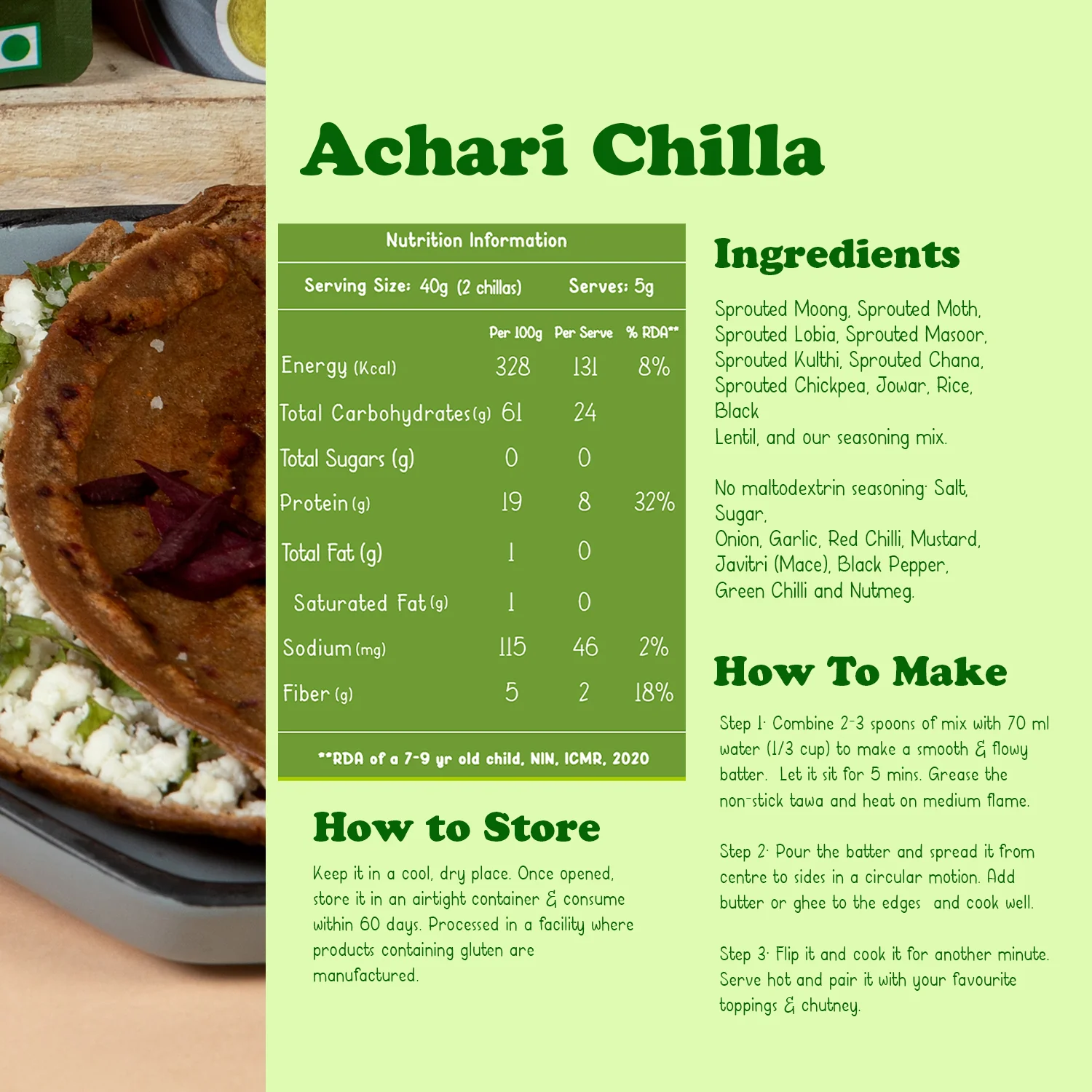 Sprouted Moong Dal Chilla - Achari and Schezwan - Pack of 2*200gms - Image 4